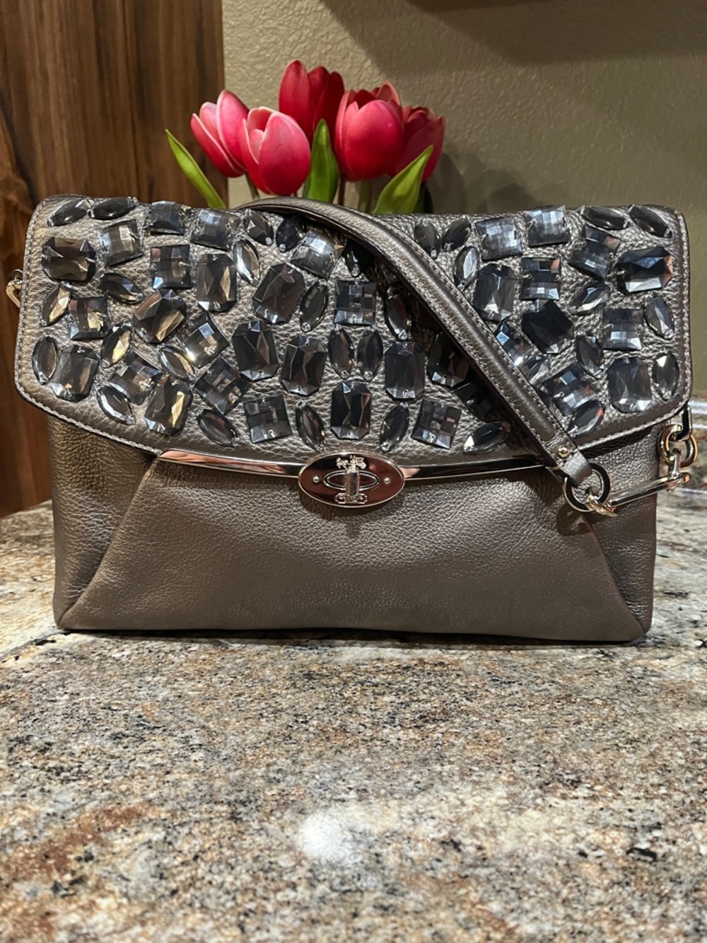 COACH MADISON JEWELED LEATHER SHOULDER FLAP /BRONZE